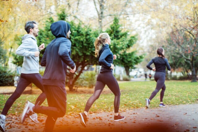Small group of people running in the park in the autumn. Young people dressed in sportswear jogging together in morning.